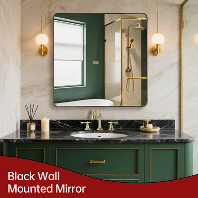 Espejo de baño SUMERAIN, espejo grande de pared de 36x36 pulgadas con marco negro mate y esquinas redondeadas, vidrio templado a prueba de roturas para entrada, sala de estar y estilo rústico