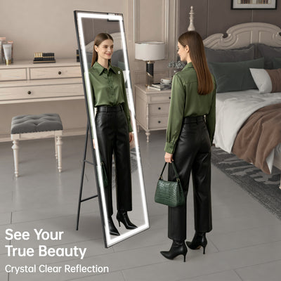Espejo de cuerpo entero Sumerain con luces LED, espejo de pie de 67"x20" con atenuación y 3 colores de luz, espejo alto de cuerpo completo para dormitorio, vestidor, ropero, marco negro