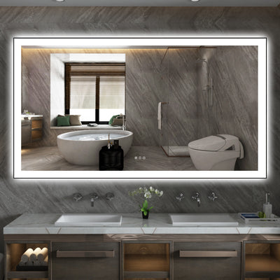 Espejo de tocador LED Sumerain de 72 x 40 pulgadas con luces, espejo grande para pared con marco de aluminio negro iluminado frontal y trasero, antivaho, regulable sin escalones, iluminación de 3 colores, función de memoria, vidrio templado