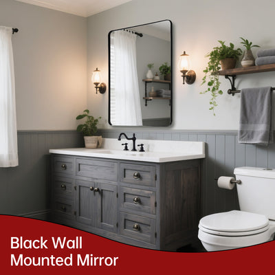 Espejo de tocador de baño negro SUMERAIN para pared, espejo de 24 x 32 pulgadas con marco de aluminio y vidrio templado a prueba de roturas, opciones versátiles de colgado para lavabo o entrada