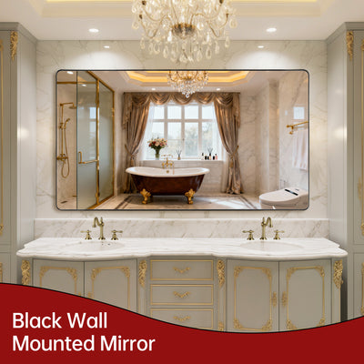 Espejo de baño SUMERAIN con marco de aluminio negro para pared, espejo de tocador grande de rectángulo redondeado 72x40 pulgadas para baño, se cuelga horizontal o verticalmente