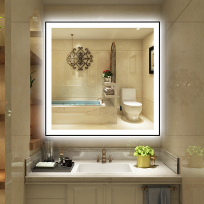 Espejo de baño LED Sumerain de 36 x 36 pulgadas con luces, espejo de tocador inteligente regulable para pared con marco de aluminio negro, 3 temperaturas de color, antivaho