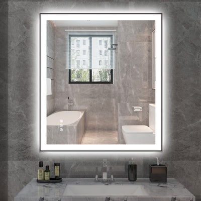 Espejo de tocador para baño LED Sumerain con luces, espejo anti-vaho para pared de 32"x36" con iluminación frontal y trasera, brillo regulable, 3 temperaturas de color