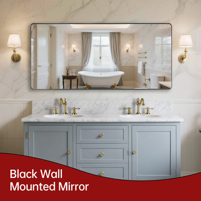 Espejo de baño SUMERAIN 60x28 pulgadas, gran rectángulo redondeado, marco de metal negro con vidrio templado irrompible para baño