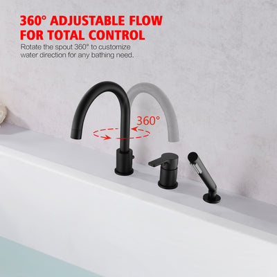 Grifo para bañera romano negro mate con montaje en cubierta de 3 orificios con rociador de ducha de mano