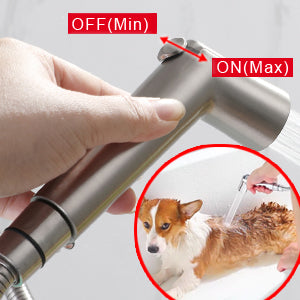Accesorio de ducha para perros SUMERAIN, rociador para mascotas para perros y gatos, brazo de ducha desviador de latón macizo y rociador regulador de flujo, manguera extra larga de 8 pies, acabado níquel cepillado