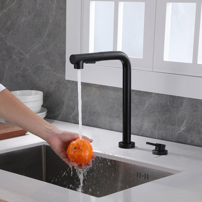 SUMERAIN Grifo para fregadero de cocina de 2 orificios con rociador extraíble, grifo de cocina negro con manija única lateral, ventana frontal