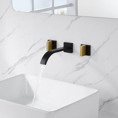 SUMERAIN Grifo de pared para lavabo de baño, acabado negro y dorado, grifo de lavabo con dos asas y válvula áspera