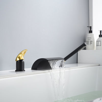 SUMERAIN Grifo para bañera romano en cascada, grifo para bañera con montaje en cubierta, relleno para bañera de latón con ducha de mano, acabado en negro y dorado