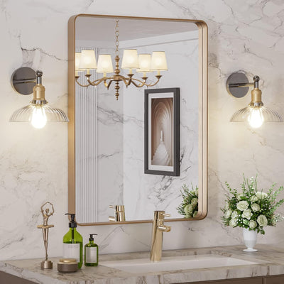 Espejo de baño montado en la pared Sumerain dorado, espejo con marco dorado de rectángulo redondeado, espejo para tocador de baño anticorrosión, se puede colgar horizontal o verticalmente