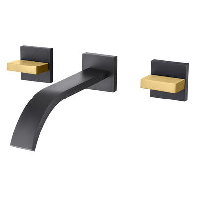 SUMERAIN Grifo de pared para lavabo de baño, acabado negro y dorado, grifo de lavabo con dos asas y válvula áspera