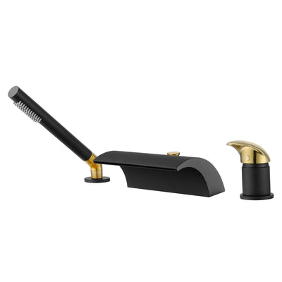 SUMERAIN Grifo para bañera romano en cascada, grifo para bañera con montaje en cubierta, relleno para bañera de latón con ducha de mano, acabado en negro y dorado