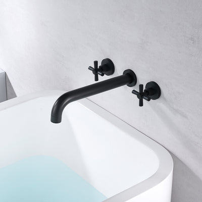 SUMERAIN Grifo para bañera de montaje en pared, color negro mate, alto flujo, dos manijas cruzadas con válvula áspera, caño extra largo