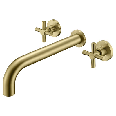 SUMERAIN Grifo para bañera de montaje en pared, grifo para bañera de alto flujo, oro cepillado con válvula áspera, dos manijas cruzadas
