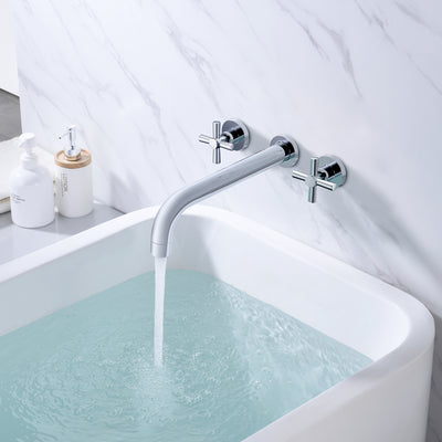 SUMERAIN Grifo para bañera montado en la pared, grifo para bañera de alto flujo, acabado cromado con válvula áspera, caño extra largo y manijas cruzadas