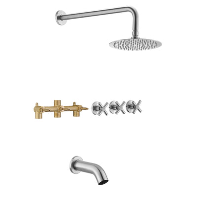 Juego de grifo para bañera y ducha de níquel cepillado con triple manija, válvula y caño para bañera en cascada