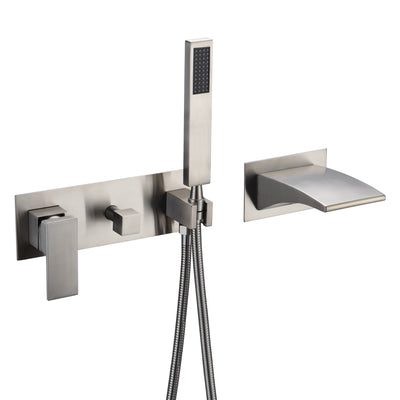 sumerain Grifo para bañera de montaje en pared, grifo para bañera en cascada de níquel cepillado con ducha de mano, grifo para zurdos