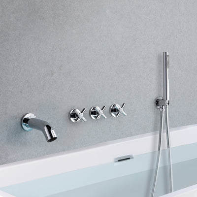 Grifo para bañera en cascada con ducha de mano, montaje en pared, acabado cromado