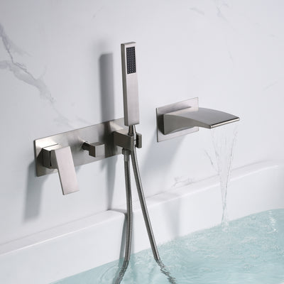sumerain Grifo para bañera de montaje en pared, grifo para bañera en cascada de níquel cepillado con ducha de mano, grifo para zurdos