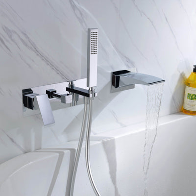 sumerain Grifo para bañera de montaje en pared con ducha de mano, grifo para bañera en cascada, grifo para zurdos con acabado cromado