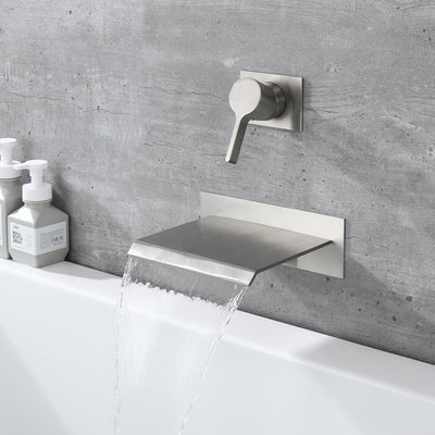 Sumerain Cascada Montaje en Pared Bañera Relleno Níquel Cepillado con Válvula Sola Manija Latón Alto Caudal, S2140NW