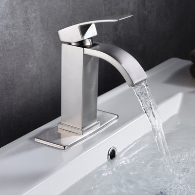 Cascada del grifo del baño, grifo del fregadero de níquel cepillado con escudo de 4 pulgadas