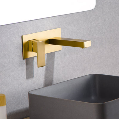 sumerain Grifo para lavabo de baño de montaje en pared, oro cepillado y válvula áspera incluida, manija única para zurdos