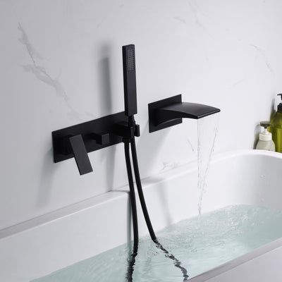 sumerain Grifo para bañera de Montaje en Pared Negro, Grifo para bañera en Cascada con Ducha de Mano Grifo para Zurdos