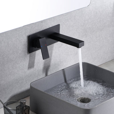 sumerain Grifo de baño negro mate, grifo de fregadero de montaje en pared de una sola manija y válvula áspera incluida, diseño para zurdos