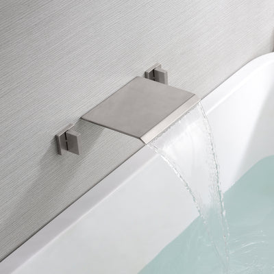 Grifo de bañera de montaje en pared con cascada de doble manija, níquel cepillado con válvula