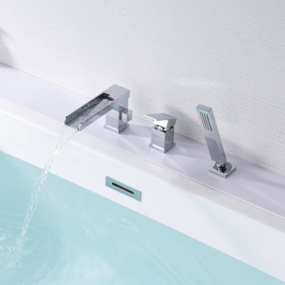 Grifo de bañera romano en cascada con ducha de mano, grifo de bañera de 3 orificios con desviador de ducha acabado cromado