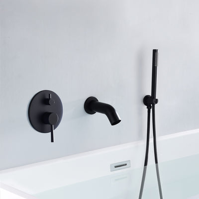 Grifo de bañera de montaje en pared negro mate con desviador de ducha de mano, caño en cascada