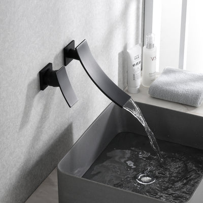 sumerain Grifo de baño negro para montaje en pared, grifo de cascada para lavabo de baño, manija única para zurdos
