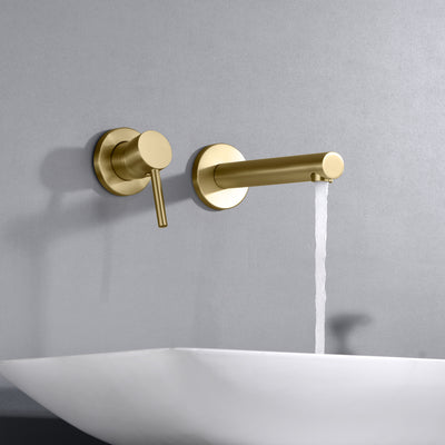 sumerain Grifo de baño Montaje en pared Grifo de tocador monomando para zurdos Grifo de lavabo con válvula áspera incluida Oro cepillado