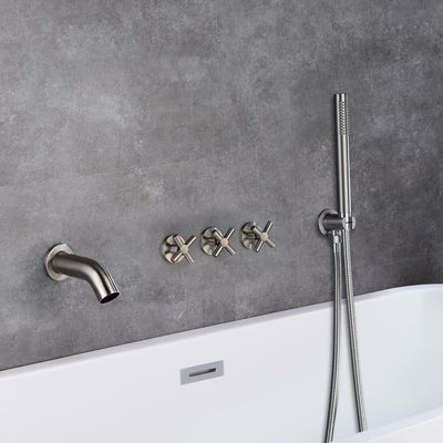 Grifo para bañera de montaje en pared con 3 asas y rociador, grifo para bañera en cascada, níquel cepillado