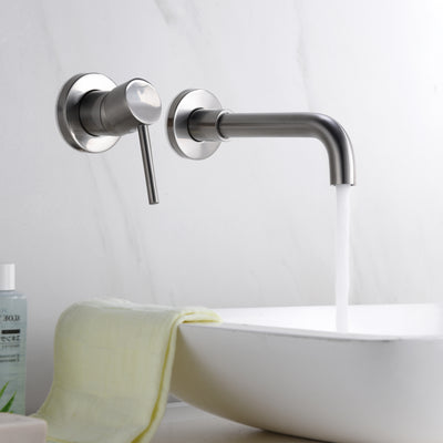 sumerain Grifo para lavabo de baño de níquel cepillado montado en la pared, diseño para zurdos