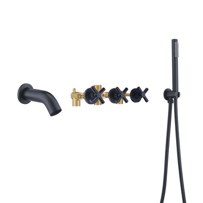 Grifo de bañera de montaje en pared con ducha de mano, grifo de ducha de bañera de 3 manijas negro mate