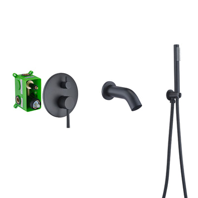 Grifo de bañera de montaje en pared negro mate con desviador de ducha de mano, caño en cascada