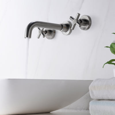 Grifo de baño de montaje en pared de níquel, manijas cruzadas y válvula empotrada incluida