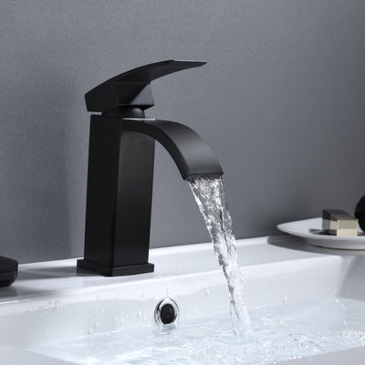 Grifo de baño negro mate, grifo de lavabo en cascada de un solo orificio