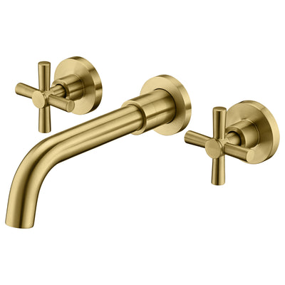 Grifo de baño de montaje en pared de oro cepillado, dos manijas cruzadas y válvula empotrada incluida