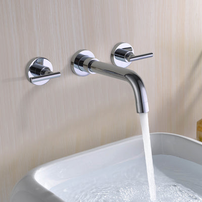 Grifo para lavabo de baño, montaje en pared, grifo para lavabo con dos asas, acabado cromado
