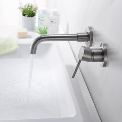 Grifos de baño para montaje en pared, níquel cepillado, manija única con válvula empotrada de latón