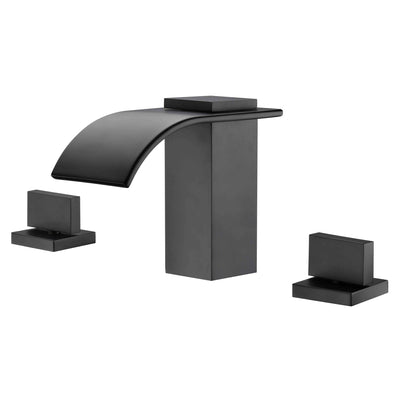 Grifo de baño de cascada generalizado negro mate con 3 orificios y 2 manijas, grifo para lavabo de baño de 8 pulgadas
