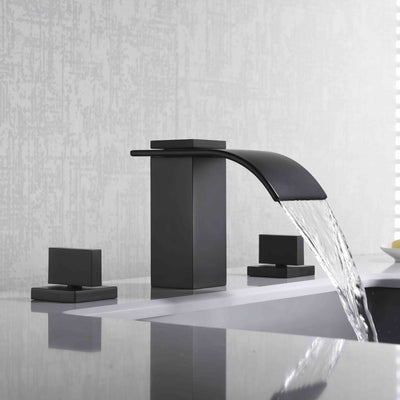 Grifo de baño de cascada generalizado negro mate con 3 orificios y 2 manijas, grifo para lavabo de baño de 8 pulgadas
