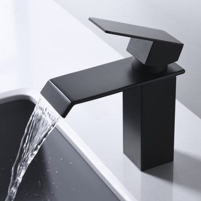 Grifo de baño en cascada negro con una sola manija y un solo orificio, diseño moderno
