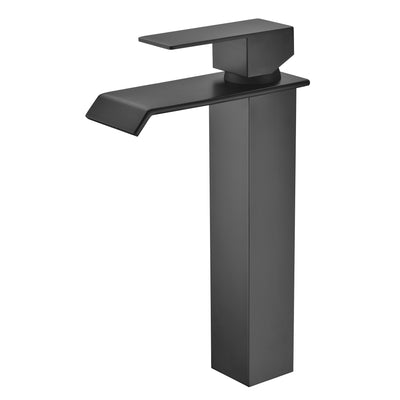 Grifo de baño negro mate de cascada de una sola manija, grifo de fregadero de recipiente de diseño moderno de un solo orificio