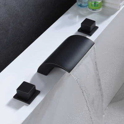 Grifo para bañera romano negro mate montado en cubierta, grifo para bañera en cascada de flujo extra alto