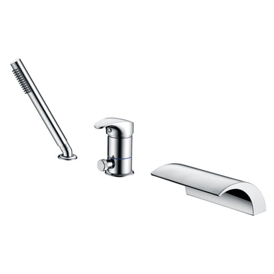 Grifo para bañera romana con cascada de 3 orificios, grifo para bañera con montaje en cubierta y ducha de mano, acabado cromado