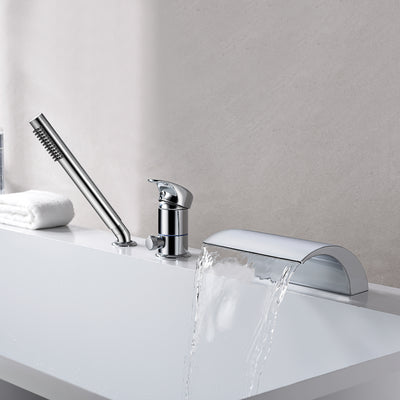 Grifo para bañera romana con cascada de 3 orificios, grifo para bañera con montaje en cubierta y ducha de mano, acabado cromado